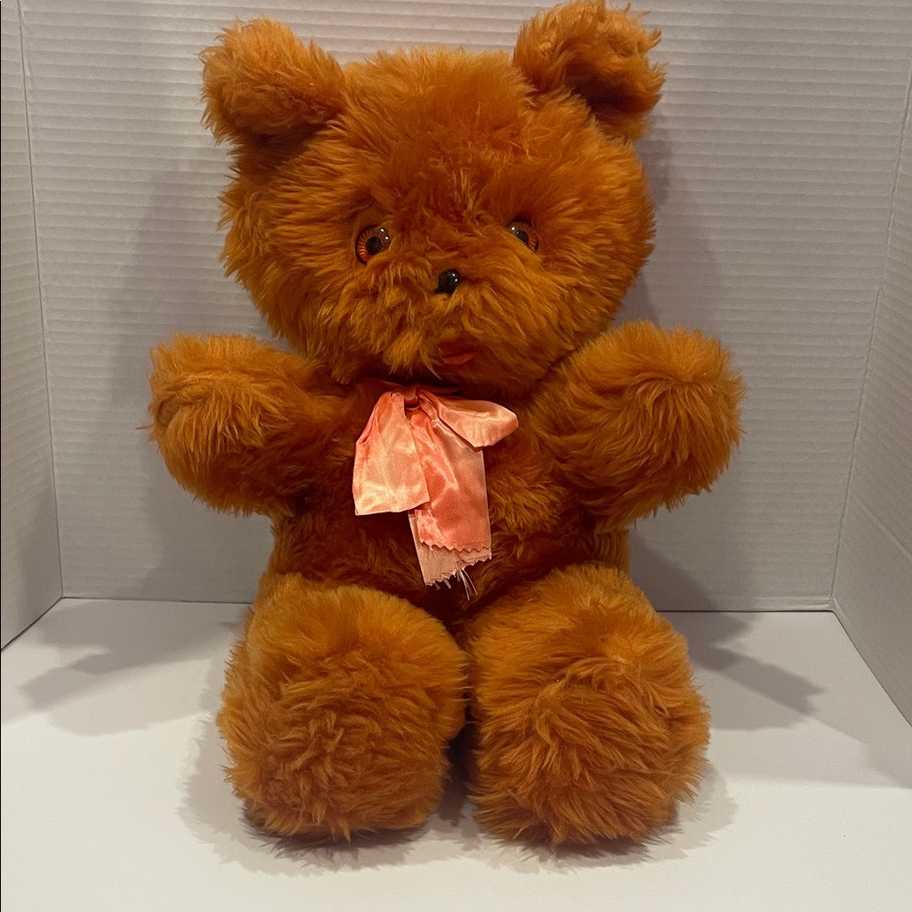 Plush Orange Brown Teddy Bear with Pink Bow - Soft Kids Toy